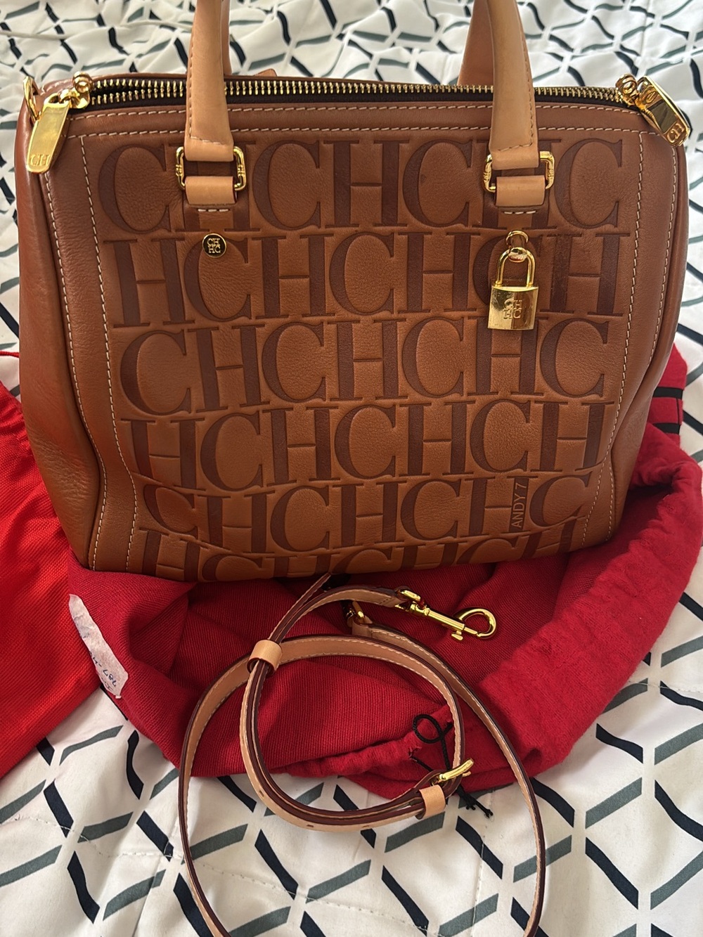 Carolina Herrera Cognac Embossed CH Leather Satchel with Gold Hardware
